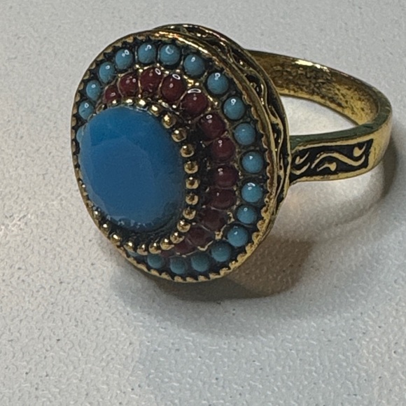 Boho Turquoise Look Statement Ring Gold Tone Beaded Halo Size 9 - Picture 2 of 4